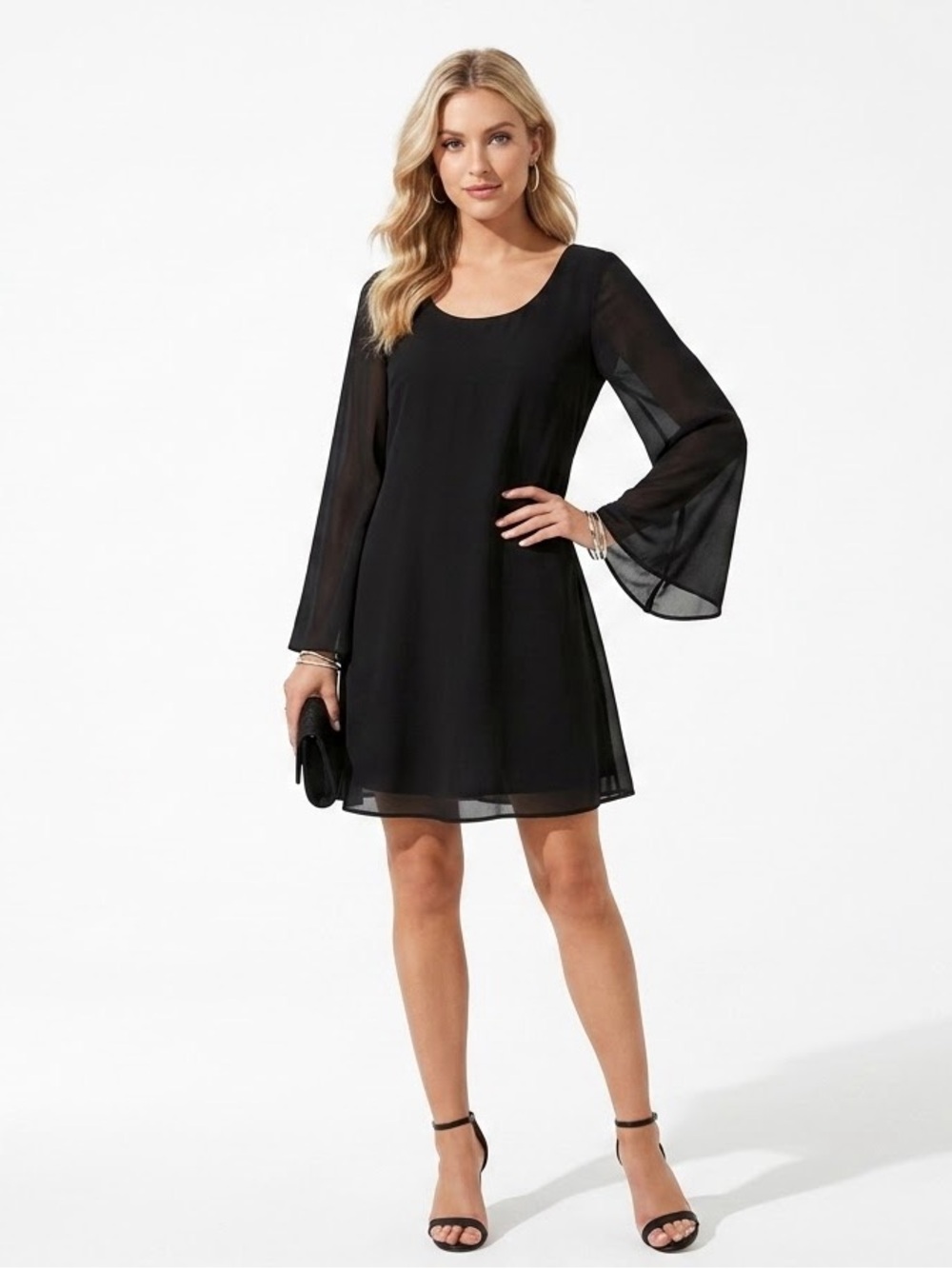 Loveriche Black Chiffon Bell Sleeve Caged Lattice Back Mini Dress Size L NWT